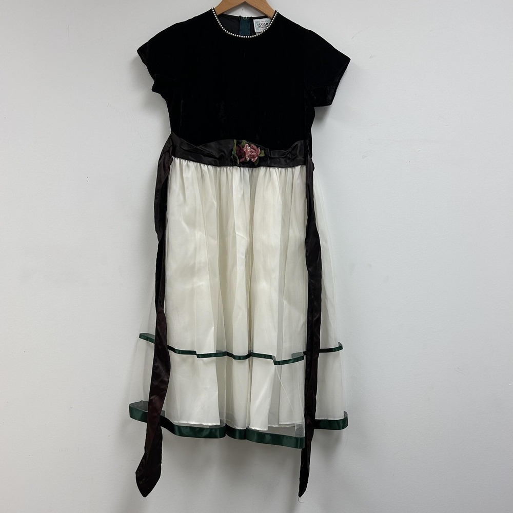 Vintage Sugar Plum Dress Girls 12 Black White Velvet Tulle Floral Sash Party